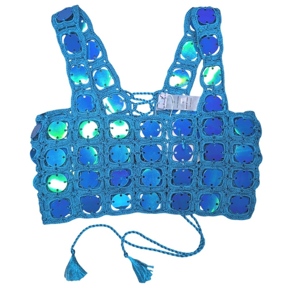 New My beach Side Medium Blue‎ Sequin Crochet Corset Lace Cropped Top Summer